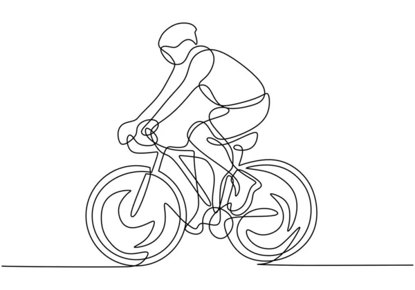 Jeden Liniowy Rowerzysta Kaskiem Rowerze Minimalistyczny Projekt Rysunek Sportowca Robi — Wektor stockowy
