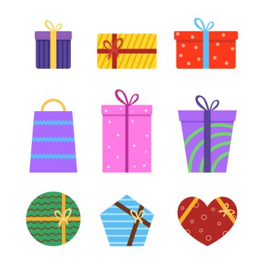 Nine birthday gift set colorful objects in flat elements style isolated on white background.
