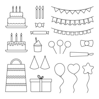 Collection of various festive elements for a birthday party. birthday ornaments equipment set line art in flat elements style isolated on white background.