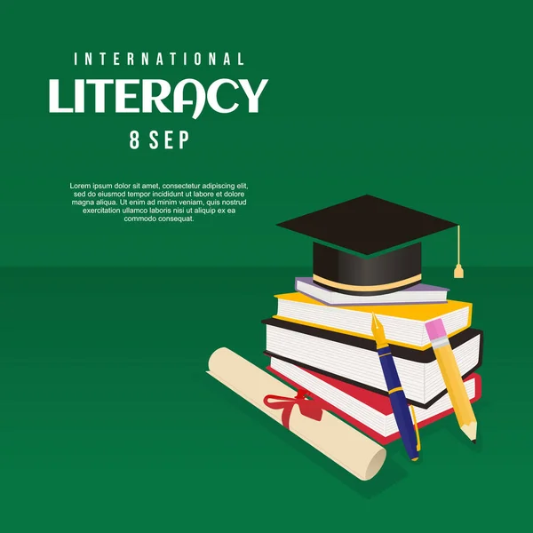 Διεθνές Πανό Ημέρα Αλφαβητισμού Κολέγιο Καπέλο Αποφοίτησης Δίπλωμα Χαρτί Ρολό — Διανυσματικό Αρχείο