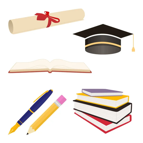 Set Bildung Und Alphabetisierung Objekte Bunt Wie College Abschluss Mütze — Stockvektor
