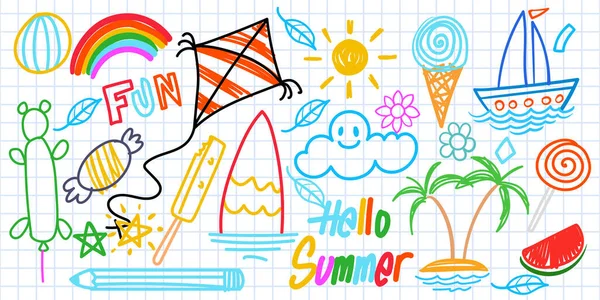 Sommer Lustige Handgezeichnete Symbole Vektor Set Obst Eis Sonne Drachen — Stockvektor