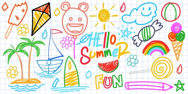 夏天有趣的手绘符号向量集 冰淇淋 喜欢孩子彩色蜡笔 粉笔或铅笔笔划 涂鸦卡通画 — 图库矢量图片