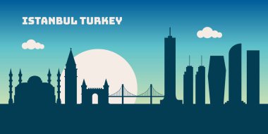 İstanbul 'da geceleyin şehir manzarası silueti çizim vektörü. Dünyanın en ünlü şehri.