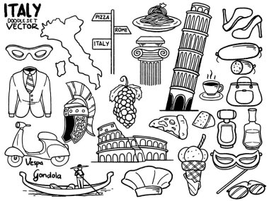 İtalya 'ya el çizimi karalama seyahati seti seyahat taslağı karalama turizmi ve yaz macera simgelerini beyaz arka planda siyah beyaz tarzda izole edin.