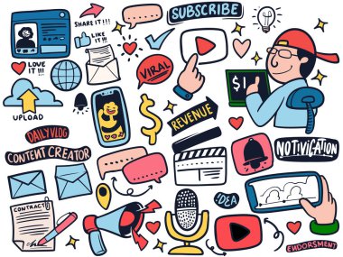 Renkli bir şekilde hazırlanmış içerik oluşturucu çıkartmalarının el çizimi. Multimedya ve eğlence konsepti vektör çizimi beyaz arkaplanda izole edildi.