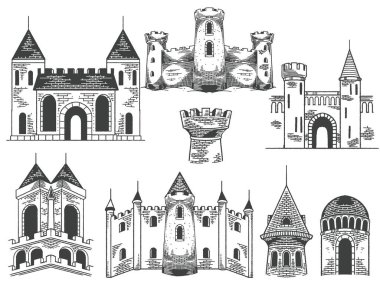 El çizimi ortaçağ kaleleri beyaz arka planda izole edilmiş siyah beyaz oyma biçiminde antik binalar çiziyor..