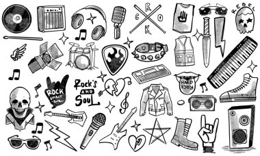 Siyah ve beyaz el çizilmiş rock müzik seti karalama tarzında müzik aletleri beyaz arkaplanda izole edilmiş..