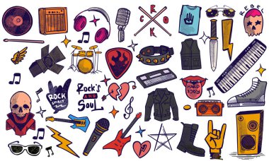 Renkli el çizimi rock müzik seti karalama tarzında müzik aletleri beyaz arkaplanda izole edilmiş..