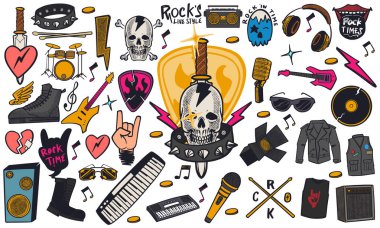 Renkli el çizimi rock müzik seti karalama tarzında müzik aletleri beyaz arkaplanda izole edilmiş..