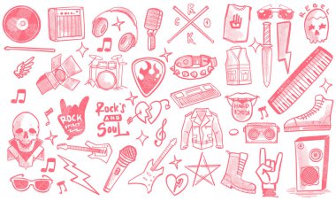Pembe renkli el çizimi rock müzik seti karalama tarzında müzik aletleri beyaz arkaplanda izole edilmiş..