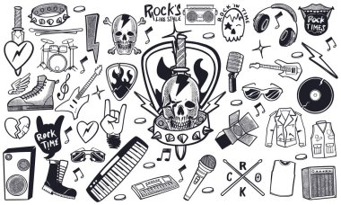 Siyah ve beyaz el çizilmiş rock müzik seti karalama tarzında müzik aletleri beyaz arkaplanda izole edilmiş..