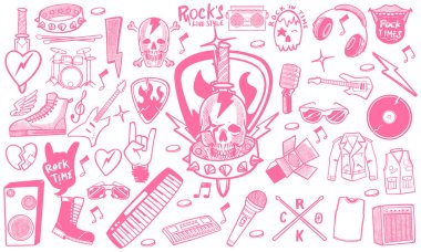 Pembe renkli el çizimi rock müzik seti karalama tarzında müzik aletleri beyaz arkaplanda izole edilmiş..