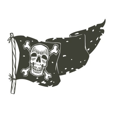 Korsanların bayrağı siyah beyaz tarzda çizilmiş. Korsanlar ekipman konsept vektör çizimi.