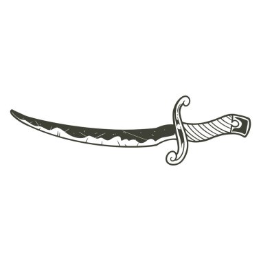 Kılıç eli, siyah beyaz tarzda karalama mahsulü çizer. Korsanlar ekipman konsept vektör çizimi.