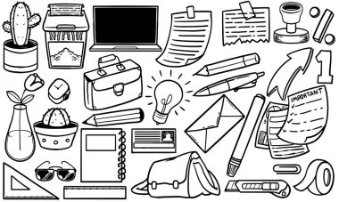 Yaratıcı Çalışma Alanı Esasları. Dizüstü bilgisayar, kaktüs, çanta ve kitaplar da dahil olmak üzere çeşitli kırtasiye eşyalarının el çizimleri içeren vektör illüstrasyon seti.