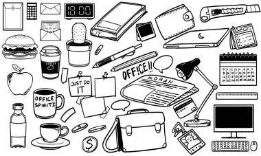Ofis çizim seti. Kırtasiye malzemeleri elle çizilmiş. Siyah ve beyaz renk vektör illüstrasyonu.