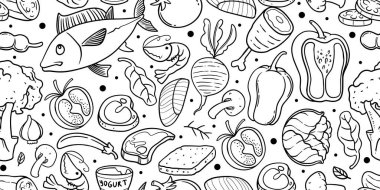 Sağlıklı yiyecekler kusursuz. Çeşitli besin maddelerinin yer aldığı siyah-beyaz bir illüstrasyon. Meyve, sebze, deniz ürünleri ve süt ürünleri çeşitleri.