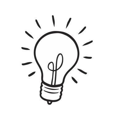 Ampul eli karalama nesnesi çiziyor. Siyah beyaz taslak çizimi. Fikir ve yaratıcı konseptin vektör illüstrasyonu.