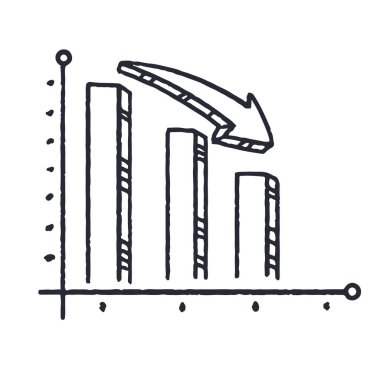 Çubuklu bir grafiğin elle çizilmiş çizimi ve aşağı doğru eğilim gösteren belirgin bir ok. Çeşitli iş ve eğitim ortamlarında düşüş, kayıp veya negatif büyüme kavramları
