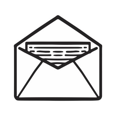 Zarf simgesi minimalistinin basit ve zarif siyah beyaz çizimi. Hafifçe açık, içindeki mektubu bir anlığına gösteriyor. İletişim ve posta hizmetlerini temsil etme kavramı.