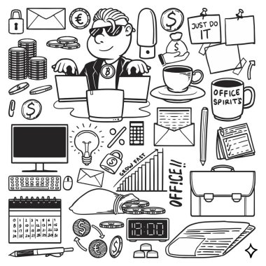 Office Work Essentials Vector Illustration. Doodle drawing set. Creative business profit and money management concept. clipart