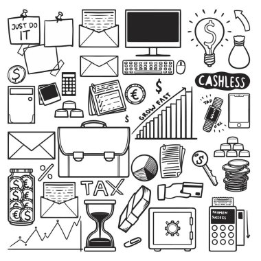 İş ve Finans Doodle Simgeleri. Ampullerin, zarfların, mobil cihazların, çantaların, para biriminin, büyürken, pasta grafiklerinin, rulo kağıt paraların ve istiflenmiş paraların vektör çizelgesi.