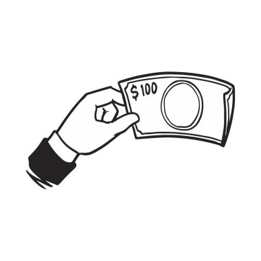 El Tutma Para İllüstrasyonu. Yüz dolarlık banknotu tutan siyah beyaz bir elin vektör çizgisi. Finansal yatırım, tasarruf, kazanç ve nakit işlemlerini temsil et