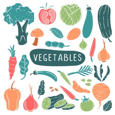 El Kaplama Yeşil Sebze çizim elemanı. Renkli nesnelerin içinde sebzeler. Mutfak temaları, sağlıklı yaşam tarzı promosyonları ve bitki temelli diyetler hakkında eğitici malzemeler için mükemmel.