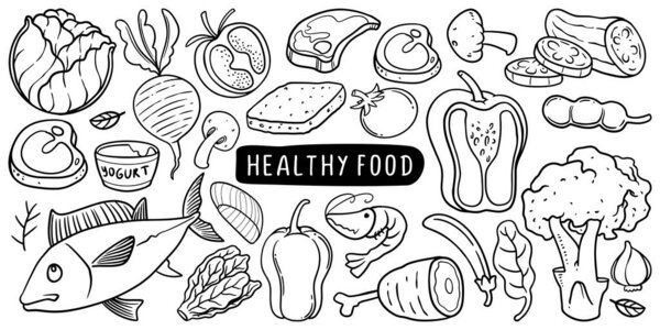 Набор Doodle of Nutritious Foods Ручной рисунок здоровой пищи с овощами и молочными продуктами. Векторная иллюстрация образа жизни.