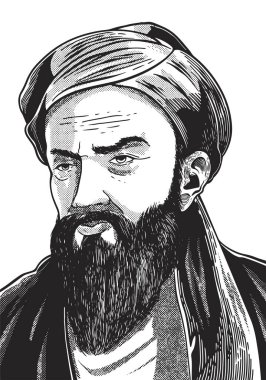 İbn Sina 980-1037 El İşleme Portresi. Modern Tıp ve Polymath 'in babası. Vektör illüstrasyon tek renkli renkler. Tarihi şekil çizimi.