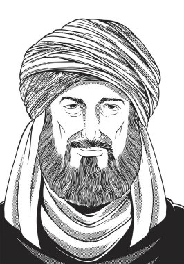 Al-Mawardi 972-1058 Hand Drawn Engraving Portrait. Jurist and Political Philosopher in Islamic Governance. Vector illustration monochrome colors. Historical figure drawing. clipart