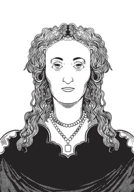 Kraliçe I. Elizabeth 1533-1603 yüz çizimi. İspanyol donanmasını yenmesiyle bilinen İngiltere 'nin ilk kraliçesinin elle çizilmiş gravürü. Siyah-beyaz vektör tarihi illüstrasyon.