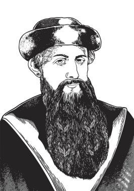 Johannes Gutenberg 1400-1468 yüz çizimi. Matbaa makinesinin mucidi elle çizilmiş. Siyah-beyaz vektör tarihi illüstrasyon.