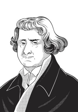 Thomas Jefferson 1743-1826 yüz çizimi. Amerikan Kurucu Babası 'nın el yazısı ve Bağımsızlık Bildirgesi' nin yazarı. Siyah-beyaz vektör tarihi illüstrasyon.