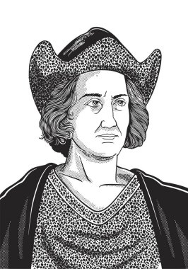 Christopher Columbus 1451-1506 yüz çizimi. Amerika 'yı keşfetmesiyle tanınan kaşifin el yazması. Siyah-beyaz vektör tarihi illüstrasyon.