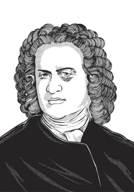Johann Sebastian Bach 1685-1750 yüz çizimi. Barok müziğiyle tanınan Alman bestecinin el yazısı. Siyah-beyaz vektör tarihi illüstrasyon.