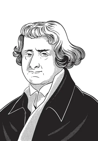 Thomas Jefferson 1743-1826 yüz çizimi. Amerikan Kurucu Babası 'nın el yazısı ve Bağımsızlık Bildirgesi' nin yazarı. Siyah-beyaz vektör tarihi illüstrasyon.