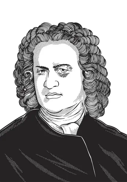 Johann Sebastian Bach 1685-1750 yüz çizimi. Barok müziğiyle tanınan Alman bestecinin el yazısı. Siyah-beyaz vektör tarihi illüstrasyon.
