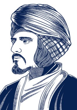 İbn Haldun 1332-1406 El İşleme Portresi. Sosyoloji ve Tarihin Kurucu Figürü. Vektör illüstrasyon tek renkli renkler. Tarihi şekil çizimi.