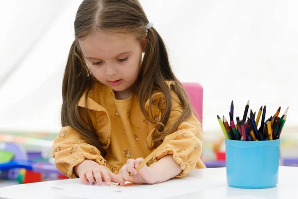 Cute Young European Kid Girl Painting Colored Pencil Kindergarten Children — Stock Photo, Image