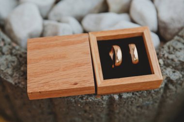 Evlilik yüzükleri doğada taşın üstünde tahta bir kutunun içinde. Yumuşak odak.