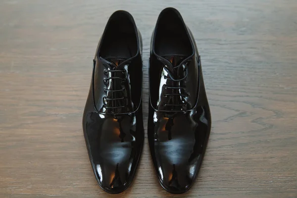 Sapatos Homem Negro Sapatos Casamento Noivo Definir Acessórios Noivo Foco — Fotografia de Stock