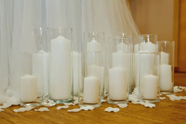 Velas Chão Frascos Vidro Decoração Casamento Elegante Foco Seletivo — Fotografia de Stock