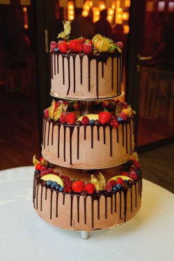 Taze meyve ve çikolatayla süslenmiş üç katlı düğün pastası. Yumuşak odak.