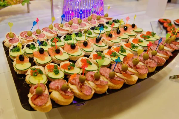 European Buffet Catering Food Sandwiches Red Black Caviar Salmon Cheese — Stock Photo, Image