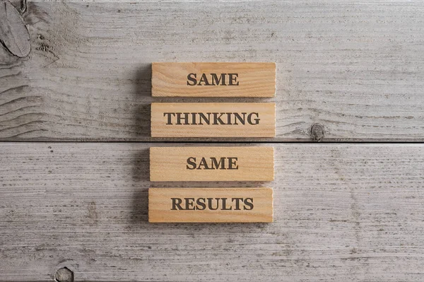 Same Thinking Same Results Sign Written Four Stacked Wooden Pegs — Stock Photo, Image