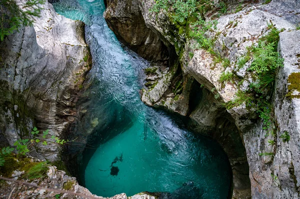 Top View Beautiful Turquoise Soca River Slovenia Flowing Big Gorge — Stock Photo, Image