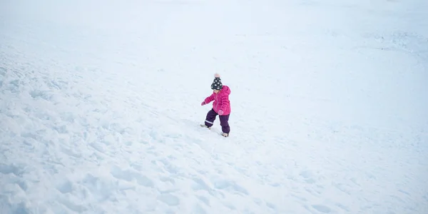 Toddler girl in pink winter suit walking in wite snow covered nature.