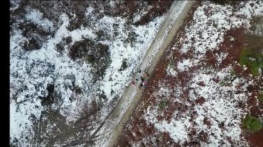 Beş kişilik bir ailenin ve üç köpeğin kış doğasında dikilirken çekilmiş görüntüleri. Drone yavaşça yukarı aşağı hareket ediyor ve dönüyor..